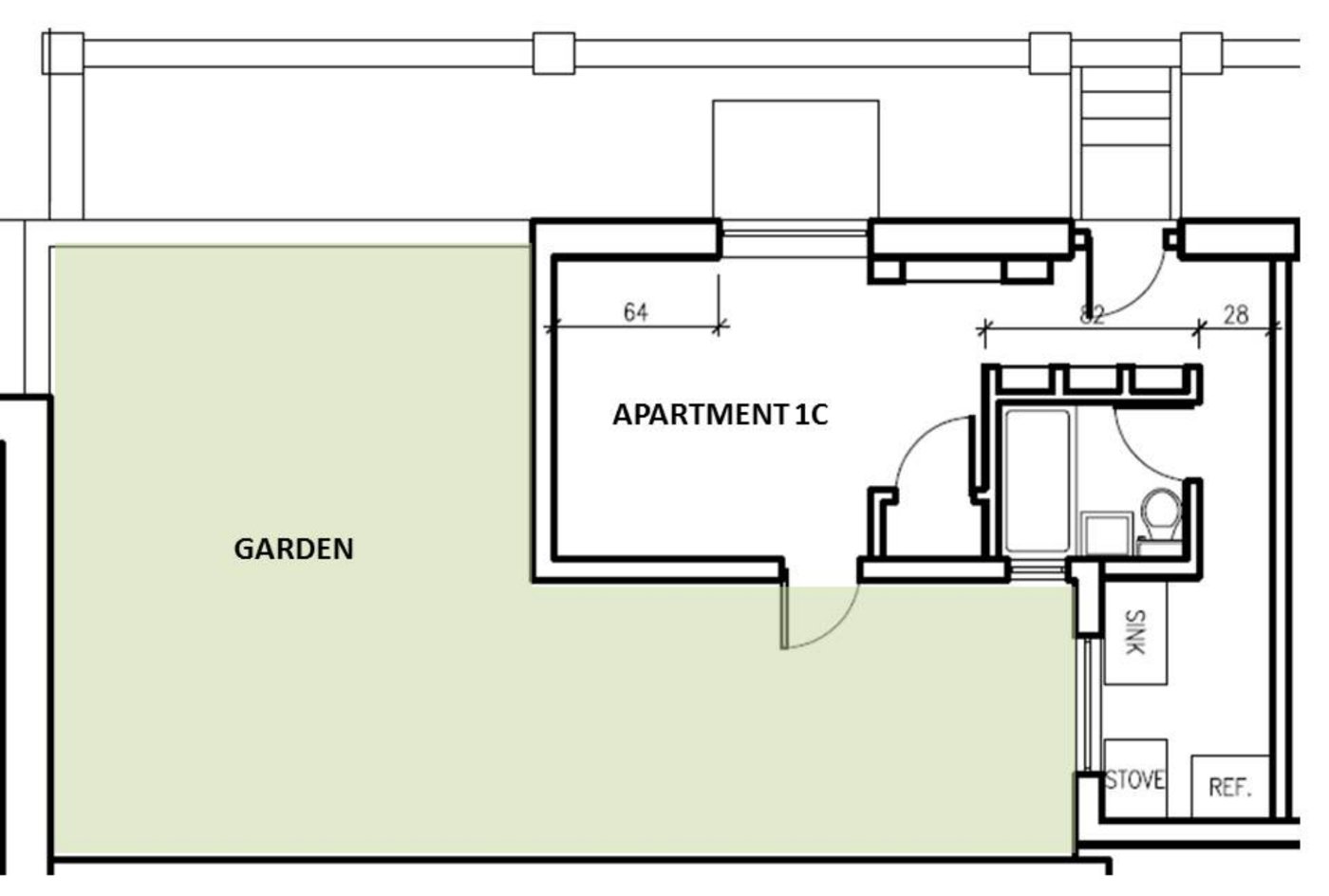 Apartment 1C floor plan, with the garden shaded green